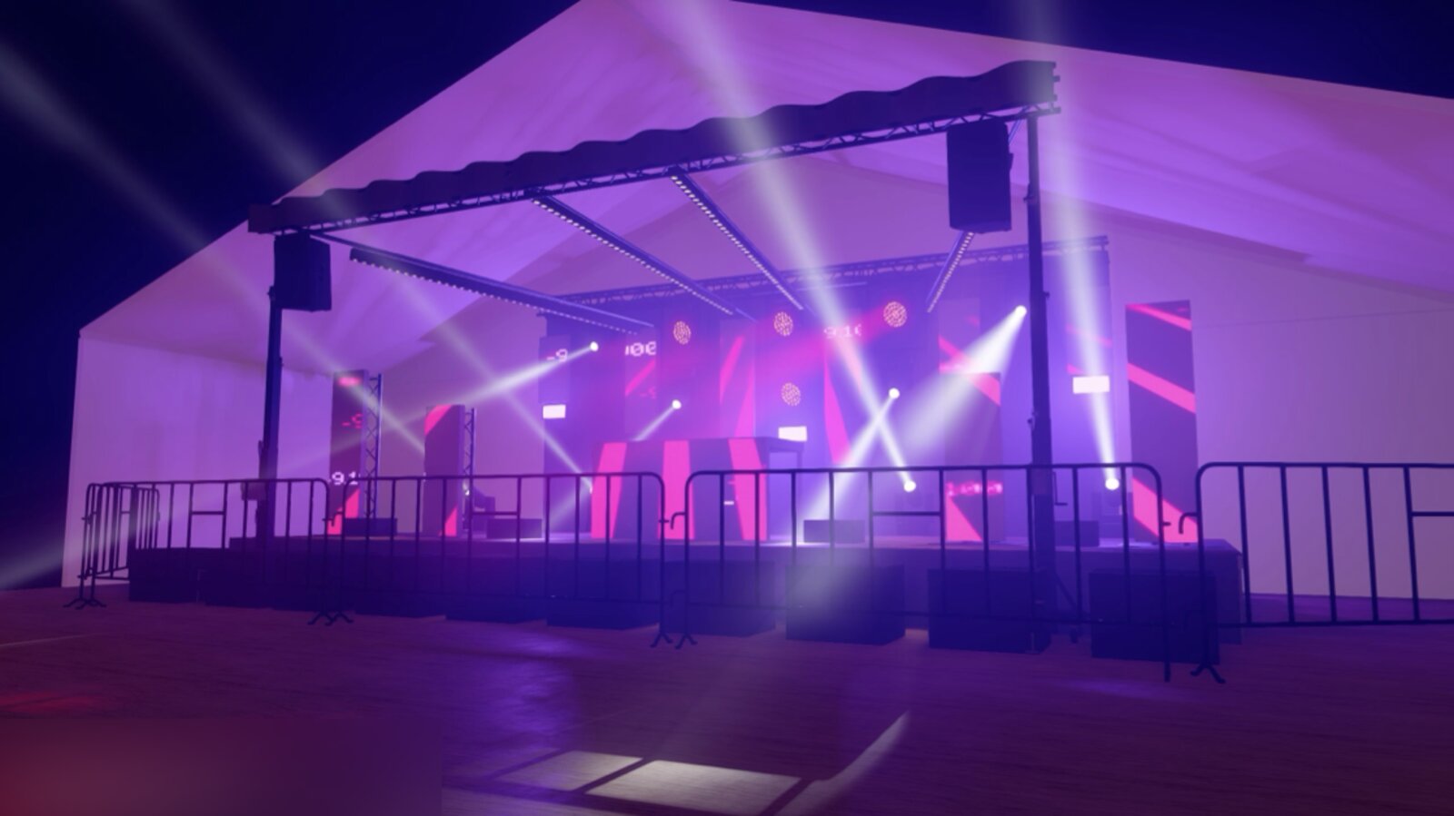 Fertig gerendertes 3D-Bild eines Bühnenaufbaus mit Lichtshow im Zelt